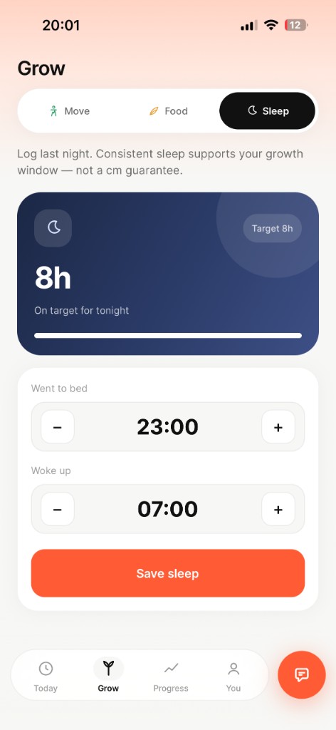 Grow Sleep — log bedtime and wake